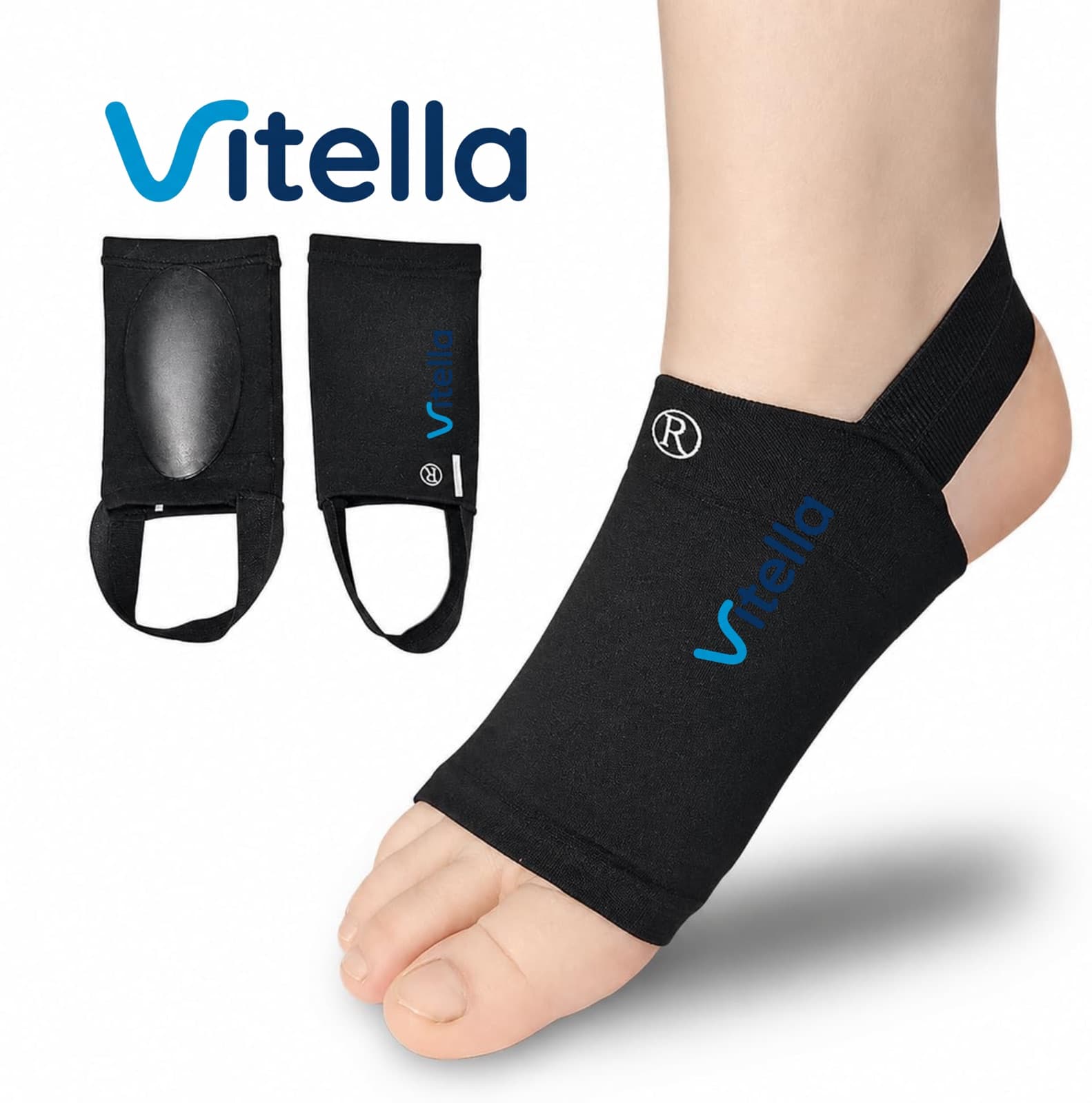 Vitella Arch Support Sleeve worn on a foot, with the pair shown alongside