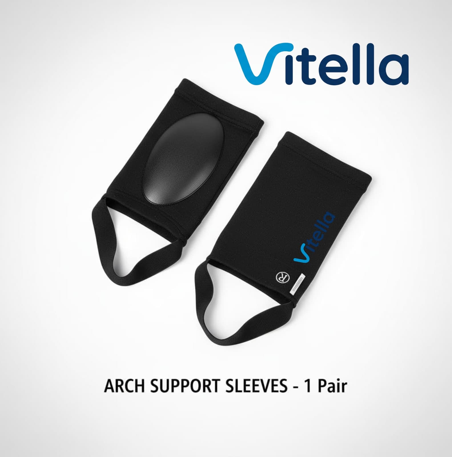 A pair of Vitella arch support sleeves showing the hydrogel pad and knit construction